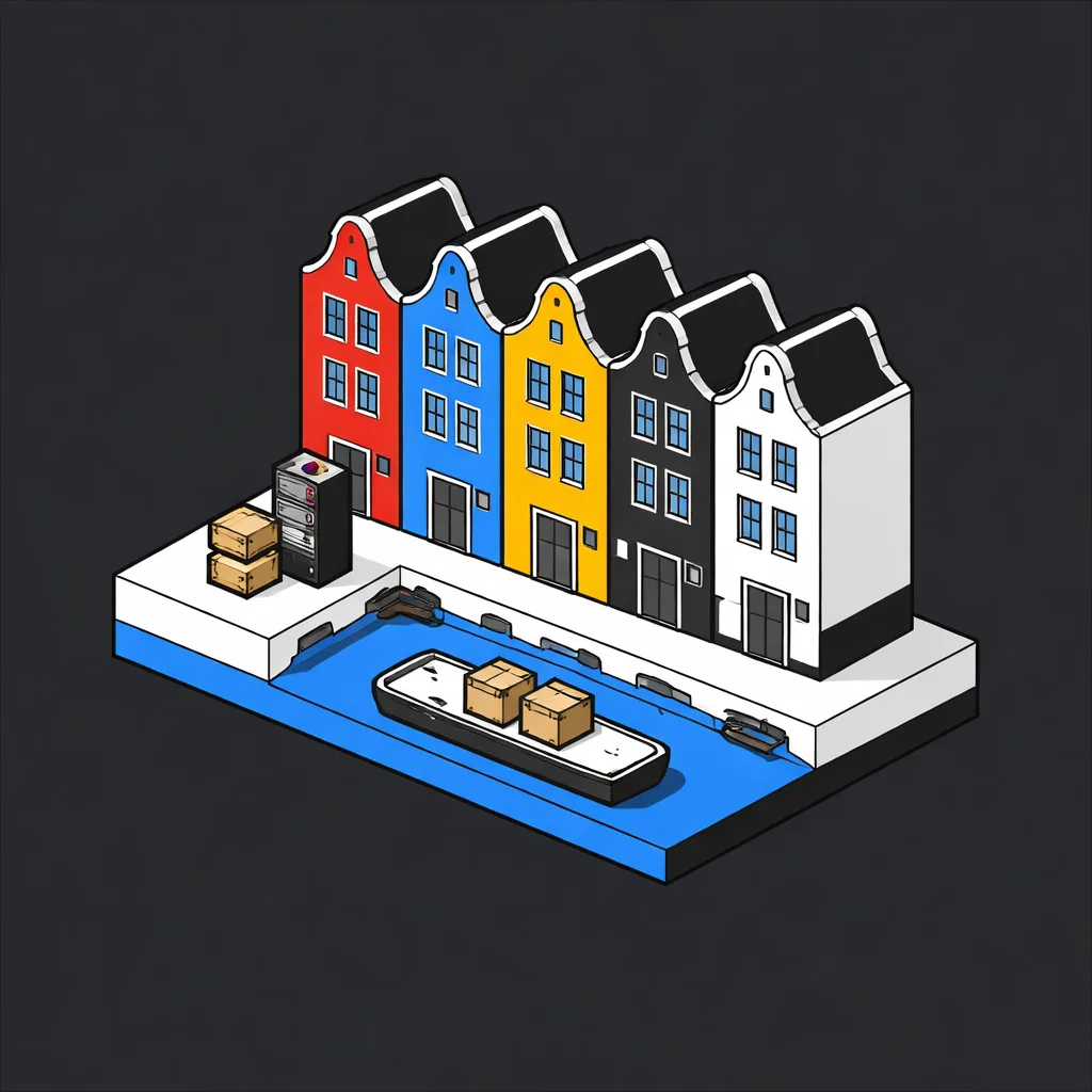 Isometric illustration of Dutch canal-side company buildings